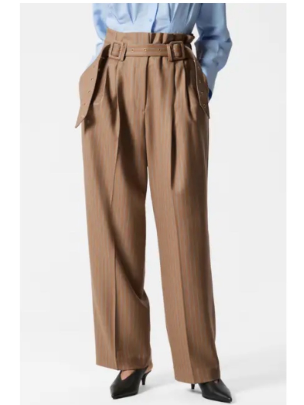 & Other Stories Tailored Stripe Belted Paperbag Waist Wool Trousers - Picture 2 of 4